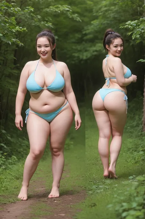 (Thai woman),(((bikini))),((( plus-size woman,curvy waist,overweight,masterbate herself))),(highponytail),(forehead),(smile:1.5),(inside the forest in the background:1.3), (playing her tits),(in the morning light),(hyperrealistic),(funny),(full body shot),...