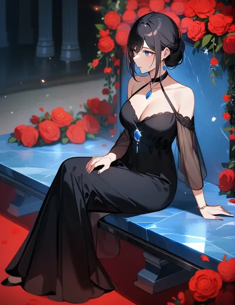 Greek milf woman, wearing a beautiful long black dress, short black hair, with luminous blue eyes, wearing a choker with a blue jewel, sitting on a marble bench while admiring her beautiful red garden