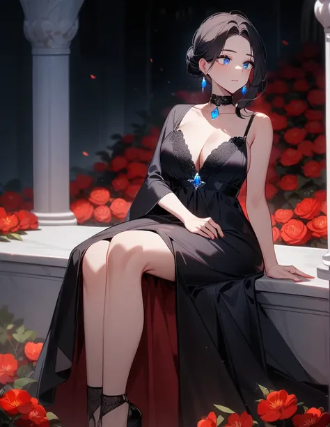 Greek milf woman, wearing a beautiful long black dress, short black hair, with luminous blue eyes, wearing a choker with a blue jewel, sitting on a marble bench while admiring her beautiful red garden