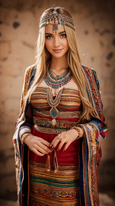 beautifull hot german blonde, robe kabyle, berber, amazigh dress, kabyledress, tizi ouzou, berber outfit, kabylegirl, bijoux, professional studio photo background, realistic, 4k