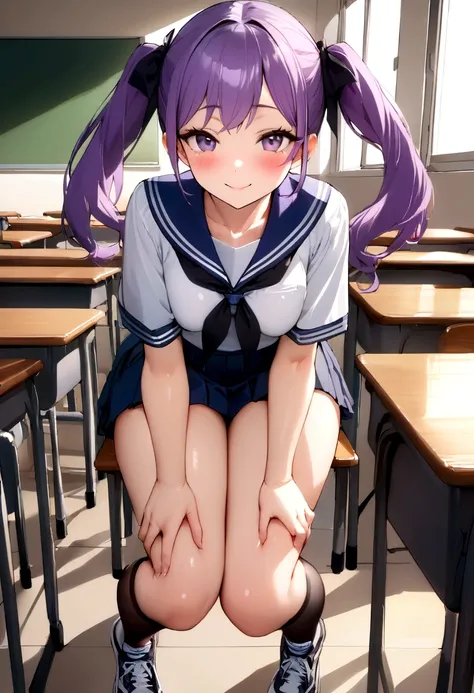 Masterpiece、、Clearly defines facial contours,Clearly defines the eye contour,Depict the whole body,Purple Hair、Oily skin、Twin tails、Fine skin、sneakers、blush、smile、Sailor suit、skirt、stockings、classroom