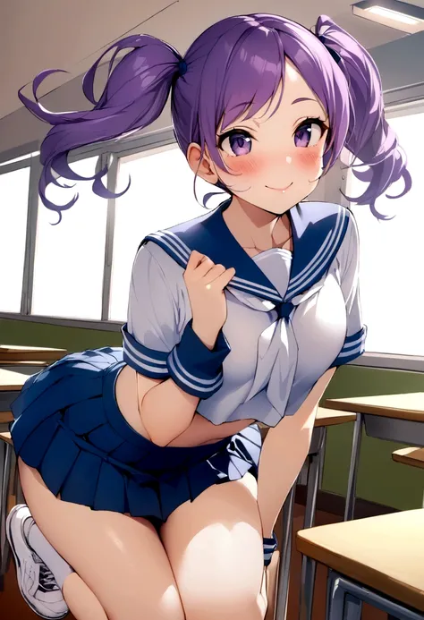 Masterpiece、、Clearly defines facial contours,Clearly defines the eye contour,Depict the whole body,Purple Hair、Oily skin、Twin tails、Fine skin、sneakers、blush、smile、Sailor suit、skirt、stockings、classroom