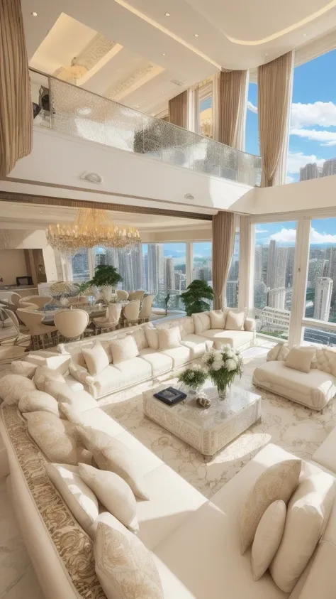 arafed living room with a large white couch and a large window, Luxurious surroundings, Luxurious indoor environment, Luxury Lifestyle, Penthouse, Grand Design, living room, Cream colored room, Luxury Apartments, Luxury Apartments内部, Very wealthy, Luxury a...