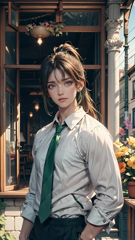 And change, Brown ponytail, White skin,, Green Eyes, masterpiece, punk jacket, White shirt, Green tie, Shoulders open, Sleeves are open, A light smile, flower, quiet, Suppressed, (Concept Art)