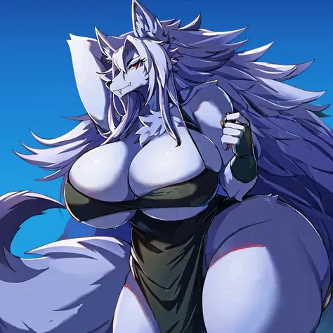 Wolf, female, long messy hair, colossal breasts, colossal thighs, simple background,fangs, round breasts, big tail