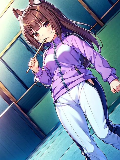 azuki from nekopara wearing violet beauregardes tracksuit while holding a stick of chewing gum, high res,, ultrasharp, 8K