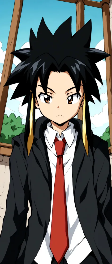 Black haired with white tips charcater ,male , shaman King artstyle ,  ,black coat , black pants , red tie and white shirt ,all basic clothes