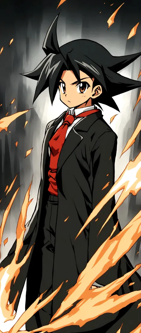 Black haired with white tips charcater ,male , shaman King artstyle ,  ,black coat , black pants , red tie and white shirt ,all basic clothes