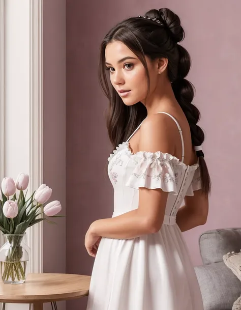 Create a hyper-realistic digital painting of a young woman with long, dark hair styled in two braids with buns. She is standing confidently in a modern room, wearing a fitted, white and lavender mini dress with delicate black floral embroidery and ruffled ...