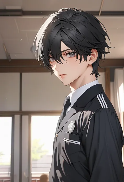 A highschool boy, handsome, perfect body, black hair, short hair, mullet, black eyes, upturned eyes, expressionless, black highschool uniform, anime, first-person view, masterpiece, anatomically correct, high details, highres, best quality, super detail, 1...