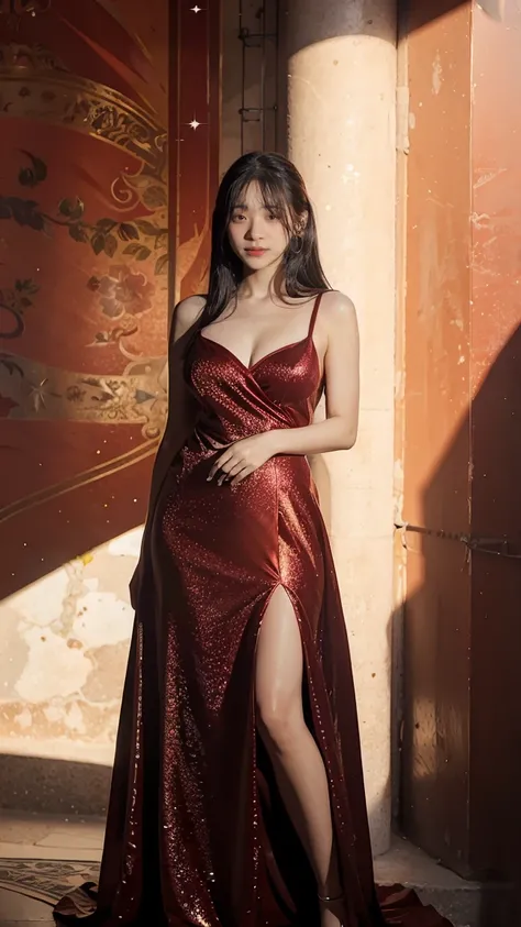 Top Quality, Masterpiece, Ultra High Definition, (Photorealistic: 1.4), Raw Photo, 1 Girl, Dark Hair, Glossy Skin, Dramatic Lighting, Full Body, Red Dress with sparkling glitter, Colossal
