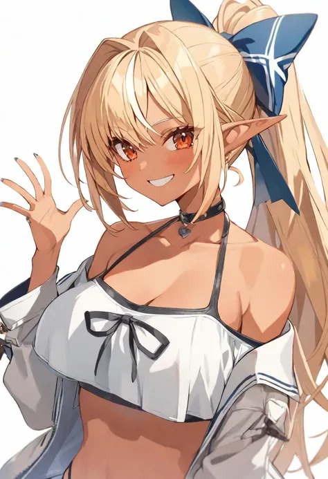 1 girl, vtuber style, cool girl, hololive,  Shiranui Flare, Elf ears, blond hair, dark skin, Ponytail, swimsuit, big chest, cropped shoulders, clavicle, looking at viewer, smile, (whole body), standing,