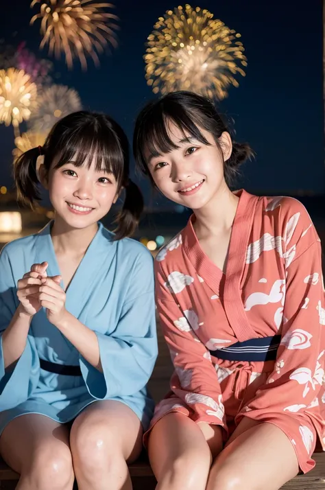 2 girls in beach at night,long-sleeved yukata,fireworks,18-year-old,bangs,a little smile,thighs,knees,short hair with low pigtails bunches,from below,front light