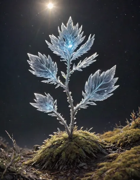 Create an image of a rare plant called Shiverbug, which grows exclusively in the remote, icy regions of the Arctic tundra. The plant should have luminescent, crystalline leaves that emit a bluish glow under the moonlight, and delicate, silver-colored stems...