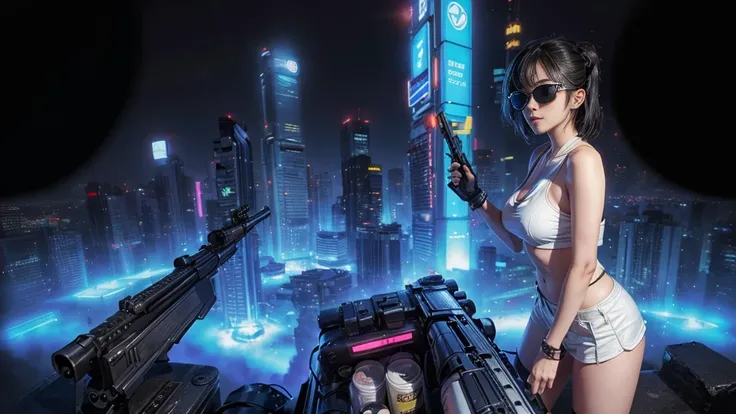 8k, Realistic Skin Texture, Realistic Photo, Neo Tokyo, slim women, large-breast:1.3 cleavage:1.2, AD2050 at night, Dirty hunting jacket, Wearing tube top, miniskirt, (((black sunglasses, automatic rifle, sneakers, cold, shooting pose, very low angle view)...