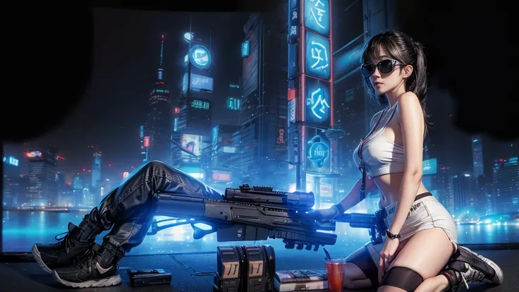 8k, Realistic Skin Texture, Realistic Photo, Neo Tokyo, slim women, large-breast:1.3 cleavage:1.2, AD2050 at night, Dirty hunting jacket, Wearing tube top, miniskirt, (((black sunglasses, automatic rifle, sneakers, cold, shooting pose, very low angle view)...