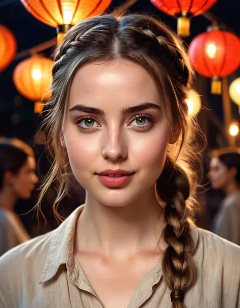 a 21 year old woman with a light brown shirt and a tied braid, a caucasian girl with fair skin, [her face resembles Ana de Armas]::1, beautiful skin, a beautiful prominent and round forehead , vivid and very expressive light eyes, a slight smile of pride, ...