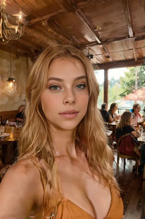 ((Mujer rubia) close view, selfie shot,  blond bun hair, amaranth,  mais conhecido como amaranth, jovem amaranth bonito, in mountain restaurant