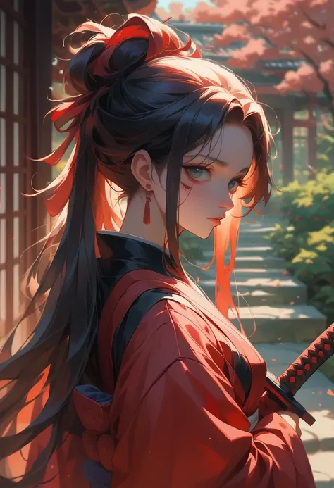 ８K、Very detailed、Cyberpunk art、whole body、Black semi-long hair up、Wearing white and red samurai armor、Holding a sword、Japanese garden、Female Android