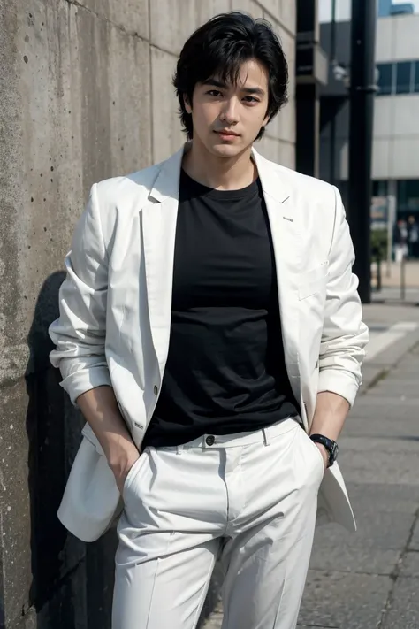 (saeba ryo city hunter )  ,Wearing white pants,white jacket,black shirts,penis,standing,