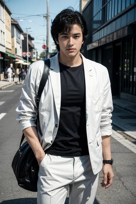 (saeba ryo city hunter )  ,Wearing white pants,white jacket,black shirts,penis,standing,