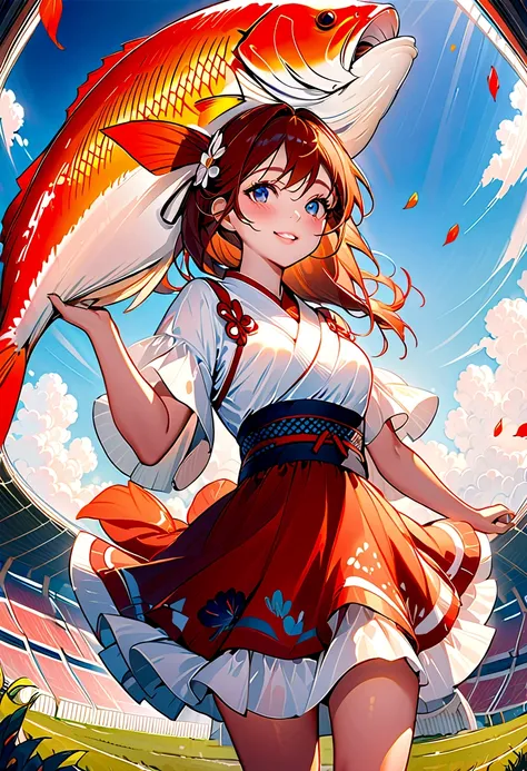 (masterpiece:1.4), (best quality:1.4), Extremely detailed, complex, Ultra Detailed, (Perfect face), illustration,Soft lighting, landscape, 1 Girl, Happy,  Bright russet hair, rich and colorful, Colorization, from_below ,fish_Costumes , stadium 