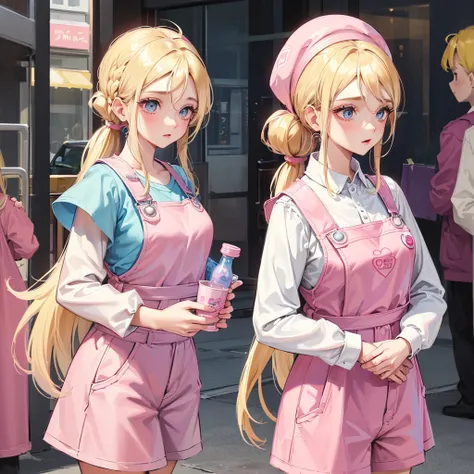 1 adult girl, blue eyes, Blonde, hair in two pigtails, pink vests, pink dress with white overalls, a pink hat on her head, in a calm and sweet environment, photography as for social media profile, Dragon Ball Z style and design, especially in the eyes