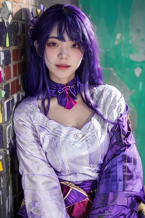 (masterpiece, best quality, 1girl, solo, intricate details, chromatic aberration), realistic, ((medium breath)),long hair, purple hair, purple head ornament, purple highlights, hair over one eye, green eyes, sharp eyes, choker, neon shirt, torn legwear, op...