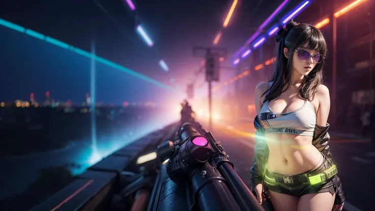 8k, Realistic Skin Texture, Realistic Photo, Neo Tokyo, slim women, large-breast:1.3 cleavage:1.2, AD2050 at night, Dirty hunting jacket, Wearing tube top, miniskirt, (((black sunglasses, automatic rifle, sneakers, cold, shooting pose, very low angle view)...