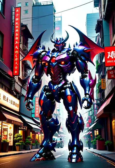 (Demon Mecha, 3d rendering), Background city street center, Clear HD, 8k resolution, Very detailed, number, Concept Art, 