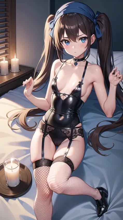 pokemonmay, pokemonmay, blue eyes, brown hair, bandana, long hair,bandana, twintails, hair between eyes, (small breasts:1.2),
Sexy lingerie,fishnet stockings, stocking suspenders,cleavege,neckline,black choker,
BREAK looking at viewer, 
BREAK on bed,room,c...