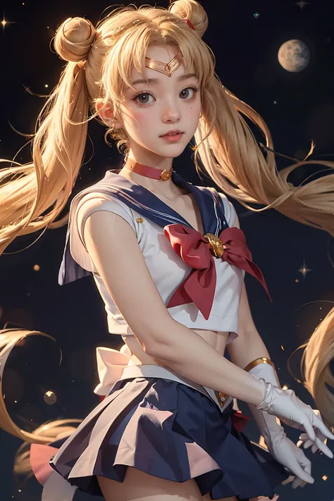 masterpiece, best quality, sailor moon,1girl, long hair,jewelry, sailor senshi uniform, blue sailor collar,blonde hair, red choker,white gloves, twintails, red bow, blue skirt, blue eyes, hair bun,