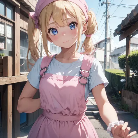 1 adult girl, blue eyes, Blonde, hair in two pigtails, pink vests, pink dress with white overalls, a pink hat on her head, in a calm and sweet environment, photography as for social media profile, Dragon Ball Z style and design, especially in the eyes