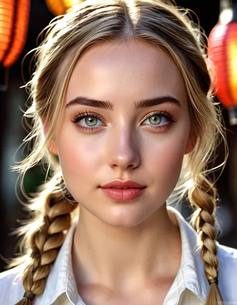 upper body photography of a 21 year old woman with a white shirt and jeans and a tied blonde braid, a caucasian girl with fair skin, [her face resembles Ana de Armas]::1, beautiful skin, a beautiful prominent and round forehead, vivid and very expressive l...