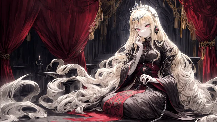 An anime-style vampire princess with long, flowing blonde hair, appearing sad and captive inside a grand, dimly lit castle. She is wearing an elegant, Gothic-style dress with intricate details and dark colors, with tears in her eyes. The princess is bound ...