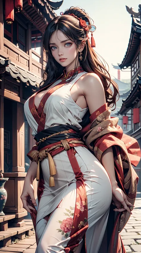 Beautiful girl ,Wearing gorgeous Hanfu, Chinese style building, landscape、Sexy proportions、Sexy、Narrow waist、Bewitching Smile