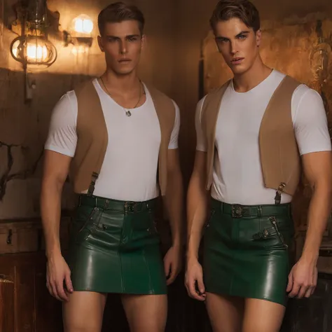 (masterpiece, of the highest quality:1.2), two young male models with green eyes in leather mini skirt alone in a room with warm...