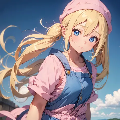 1 adult girl, blue eyes, Blonde, hair in two pigtails, pink vests, pink dress with white overalls, a pink hat on her head, in a calm and sweet environment, photography as for social media profile, Dragon Ball Z style and design, especially in the eyes