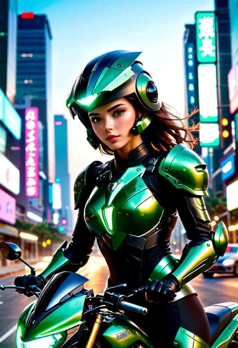 Highest image quality, Outstanding details, Ultra-high resolution, (realism: 1.4), Best example, Favor the details, Highly concentrated 1girl, Beautiful face, Wearing black and green armor, Wearing a mecha helmet, Handheld directional controller, Riding a ...