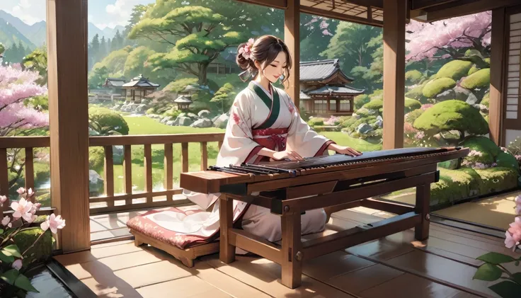 A woman playing the koto, on the porch with a view of a Japanese garden.
Cherry blossoms are blooming in the garden. Lots of fresh greenery is also visible.