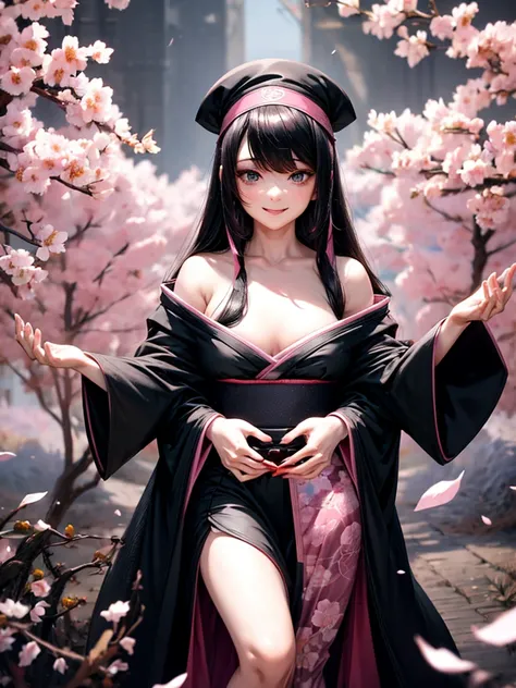 best quality, character design sheet, adult woman、No hat on, Black and pink hair, whole body, Head to Toe, Fortuneteller、Standing facing forward, Beautiful black dress, long Black Hair, Pure white background, from front, best quality, Cherry blossom patter...