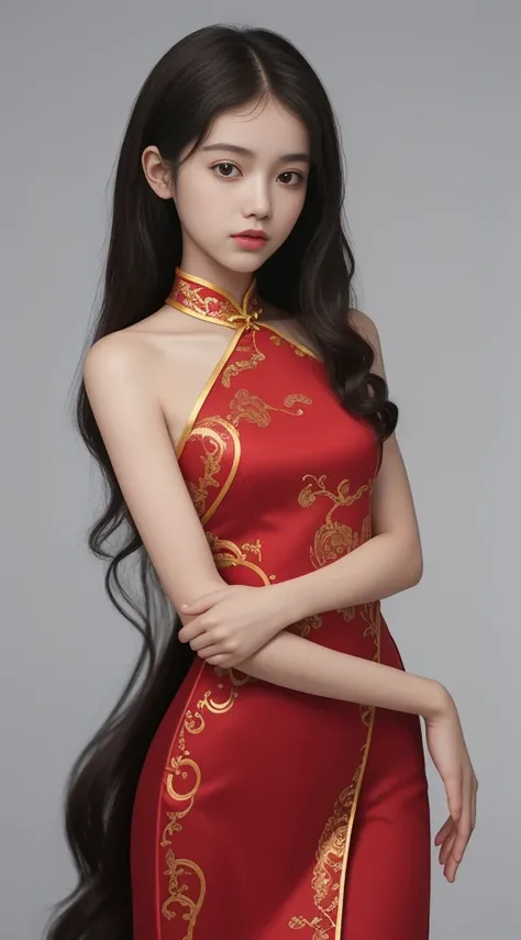 Highest quality, Ultra high definition，Looking down，Like the whole body，9-year-old girl，A sophisticated face，Curly Hair，hairpin，hairpin，Pretty face，skin reflex，Red Chinese Dress，Slim figure，shy，Small Bust，Cropped shoulders，Optimal body curve，High Split End