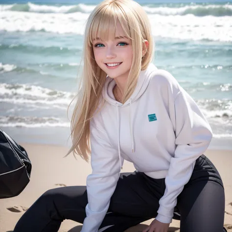 Blonde white girl with bangs and blue-green eyes wearing a white sweatshirt and black pants, smiling with her small, pink lips taking a photo on the beach 