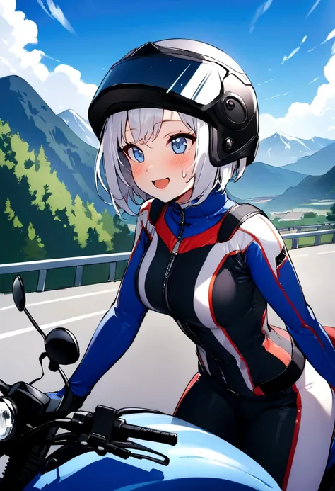 (highest quality、High resolution、8K、masterpiece:1.2、colorful)。Under a clear blue sky、A mountain road lined with beautiful mountains、Beautiful girl getting off her Harley and taking pictures of the mountain with her smartphone。Wearing a rider suit and looki...