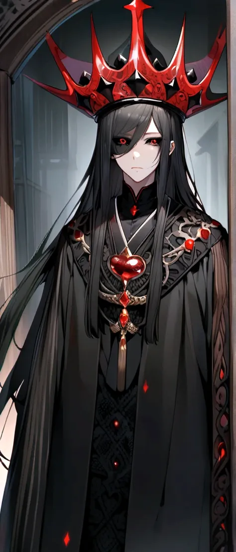 Black haired, long hair , 3 bangs, male , a black crown floating above head , red eyes , black sclera , black kimono , with a sythe