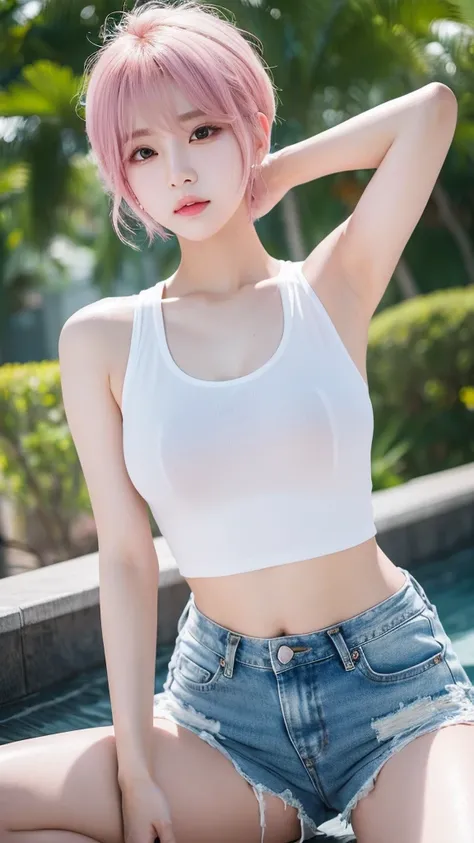 a beautiful korean k-pop star, Heavy Korean makeup, wet and sweaty, wearing a tight white Tanktopdenim shorts, white sneakers, extremely detailed, high resolution, photorealistic, detailed eyes, detailed lips, provocative gaze, full body shot　pinkshort hai...