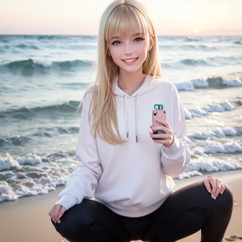 Blonde white girl with bangs and blue-green eyes wearing a white sweatshirt and black pants, smiling with her small, pink lips taking a photo on the beach with her full body posing 