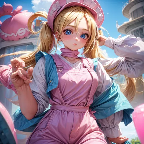 1 adult girl, blue eyes, Blonde, hair in two pigtails, pink vests, pink dress with white overalls, a pink hat on her head, in a calm and sweet environment, photography as for social media profile, Dragon Ball Z style and design, especially in the eyes