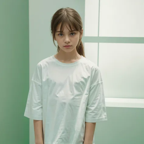 white oversize t-shirt,10year old, all green color background,balenciaga concept fashion photo, Paris