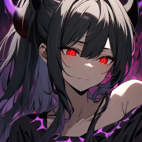 girl, ponytail. dark aura, devil horn, red eyes, glowing eyes, black hair, long hair, relaxing face